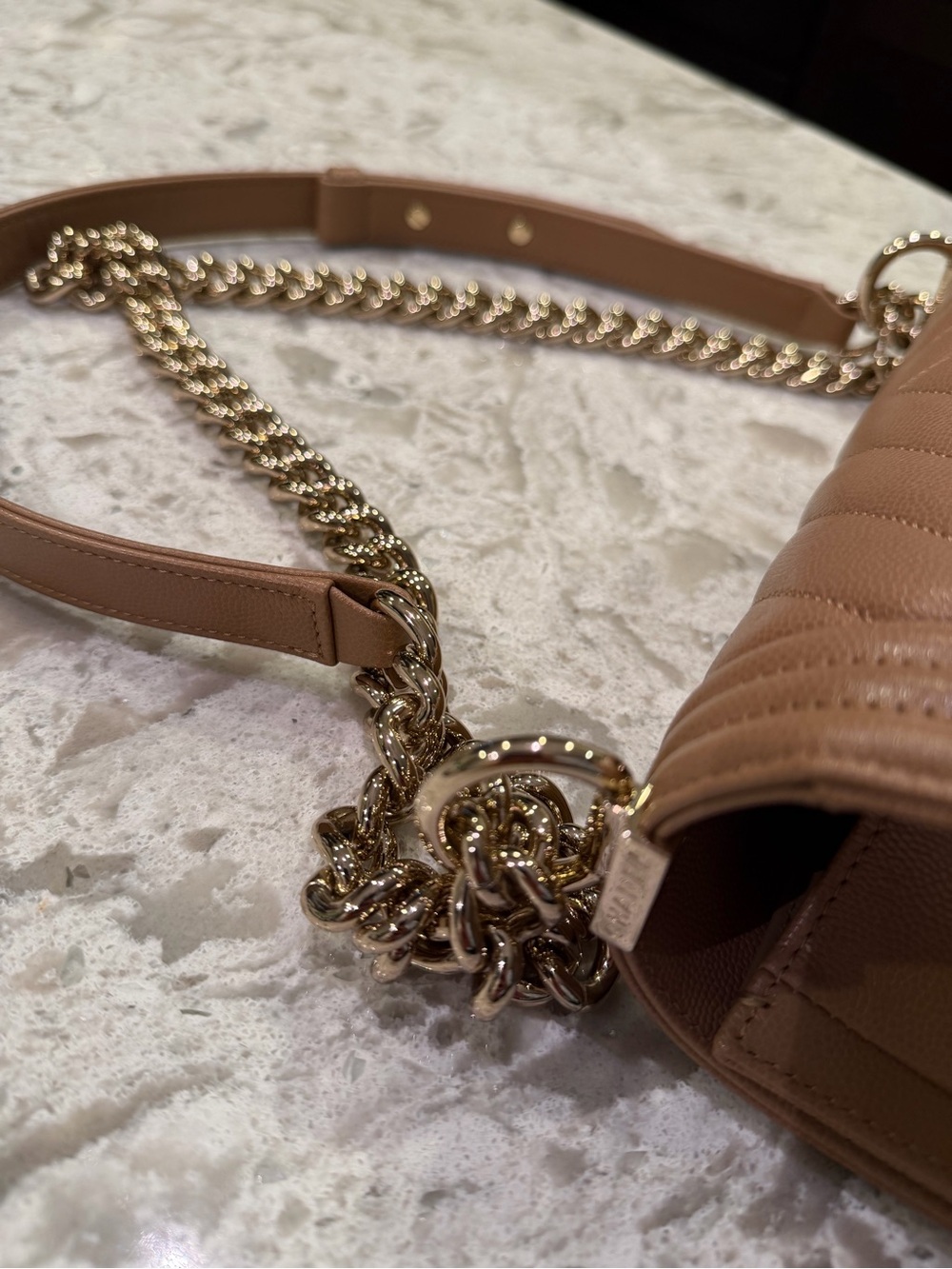 CHANEL Chevron Quilted Shoulder Bag in Tan with Gold Hardware - Picture 6 of 9